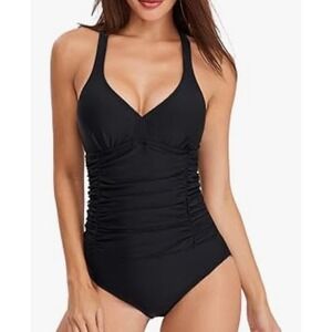 NEW Beilon Black Medium Ruched Tummy Control One Piece Swimsuit Beach
